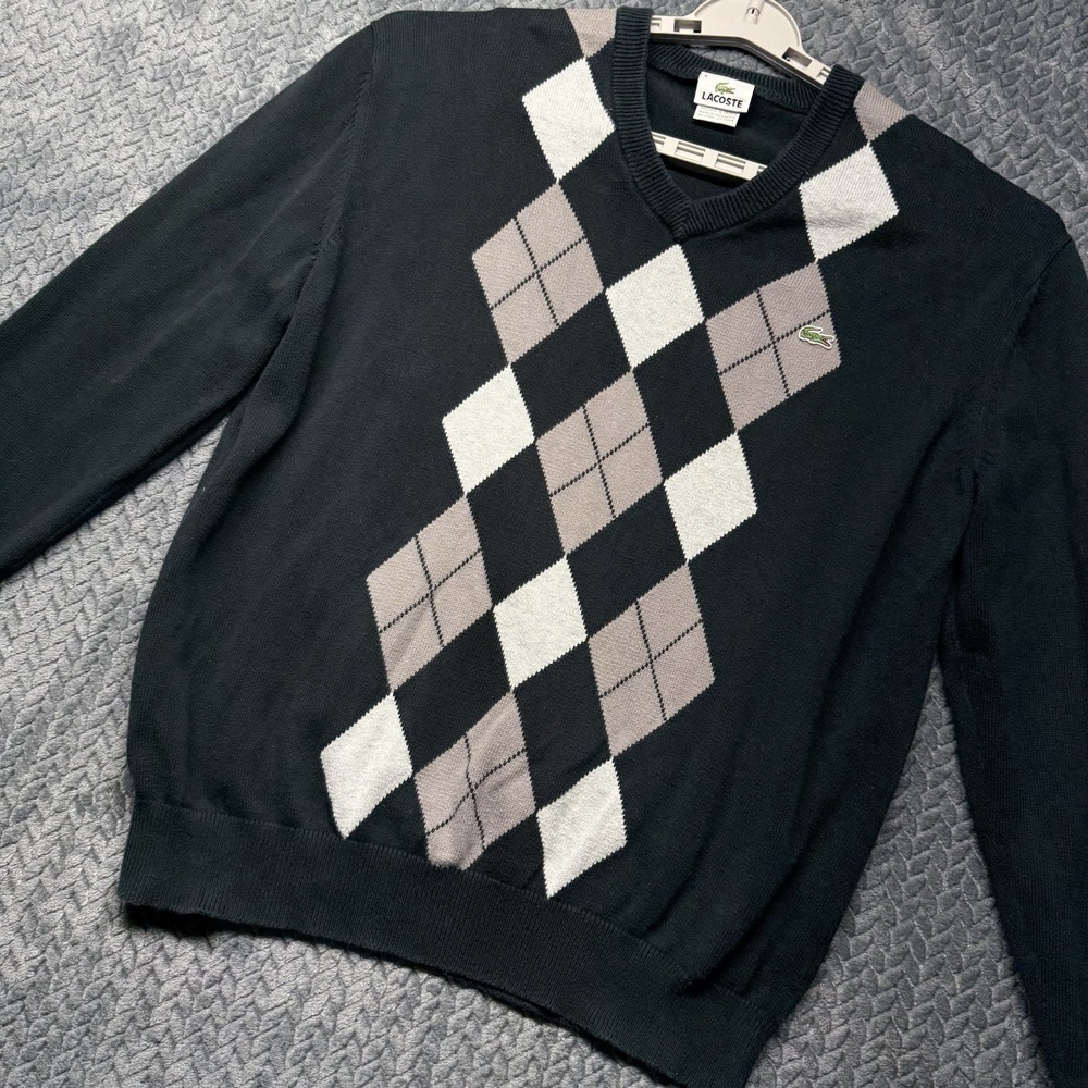 Lacoste Argyle V-Neck Sweater 6 (XL) Black Gray Beige Cotton Golfcore Y2K Preppy